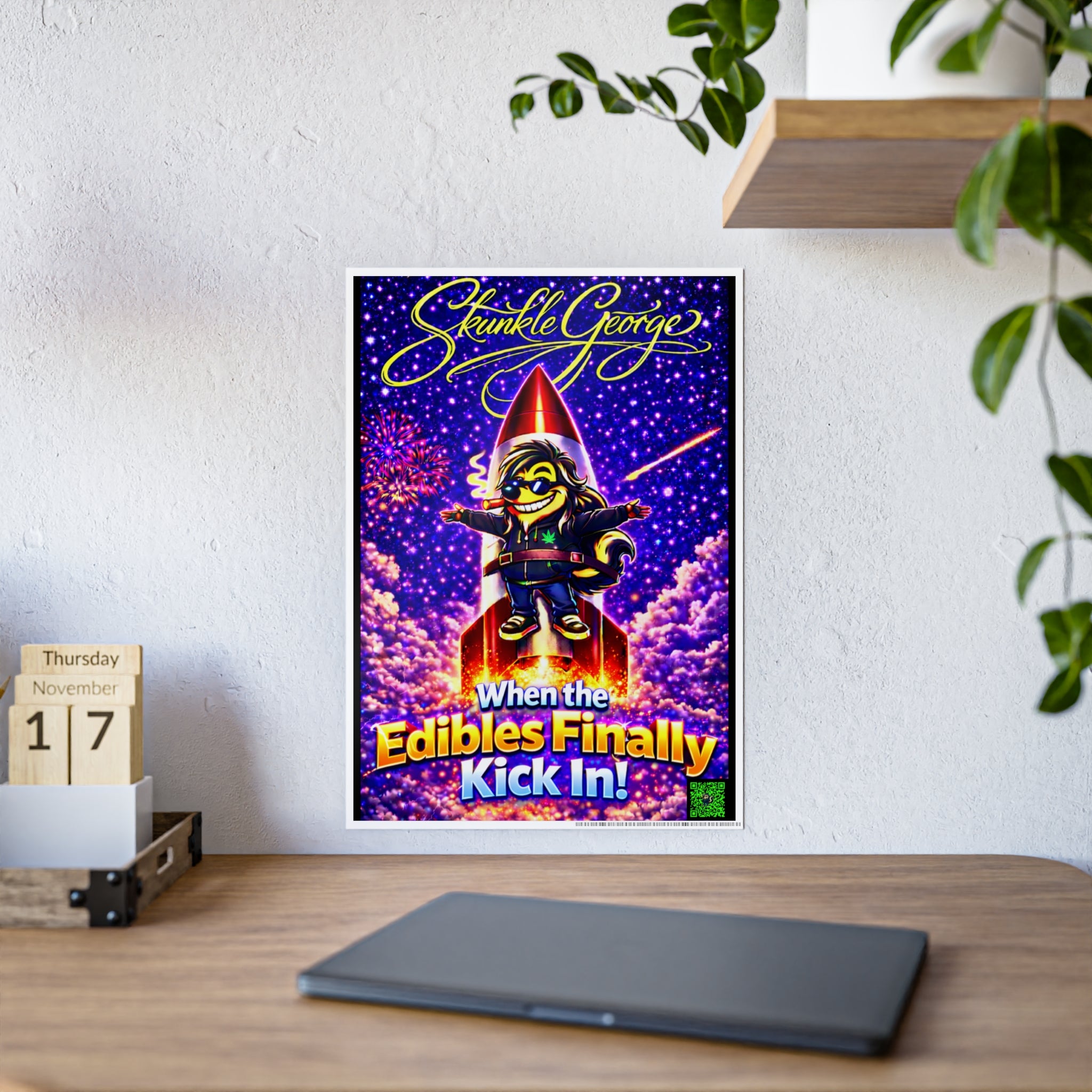 Gloss Poster — “Skunkle George: When the Edibles Finally Kick In!” Retro Rocket Art Print