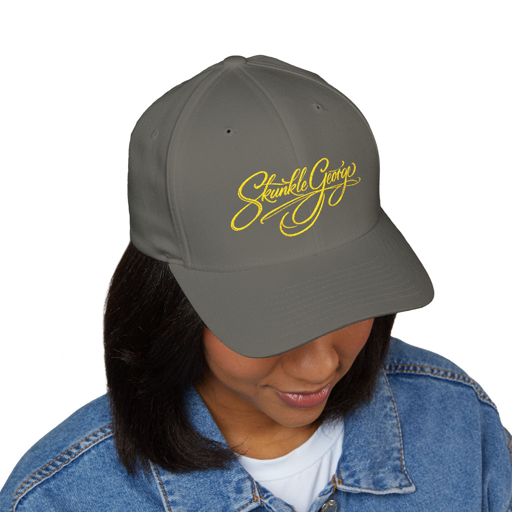 Embroidered "Skunkle George" Script Cap — Black Structured Baseball Hat