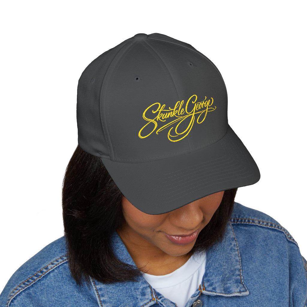 Embroidered "Skunkle George" Script Cap — Black Structured Baseball Hat