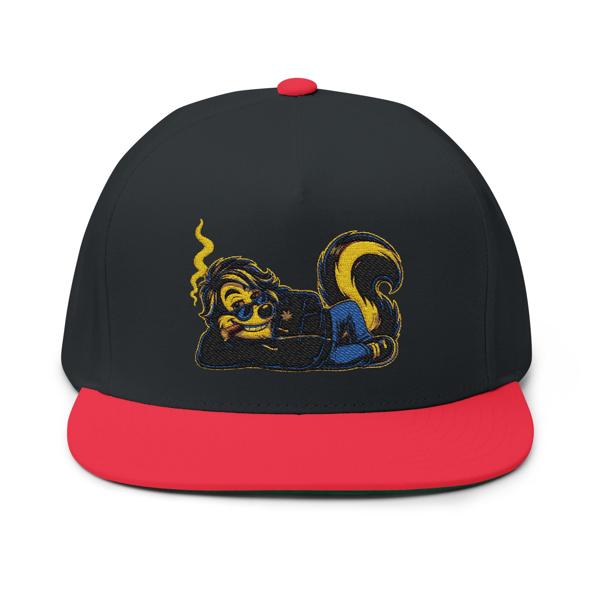 Embroidered Stoner Skunk Flat Bill Cap — Retro Smoking Skunk Snapback Hat
