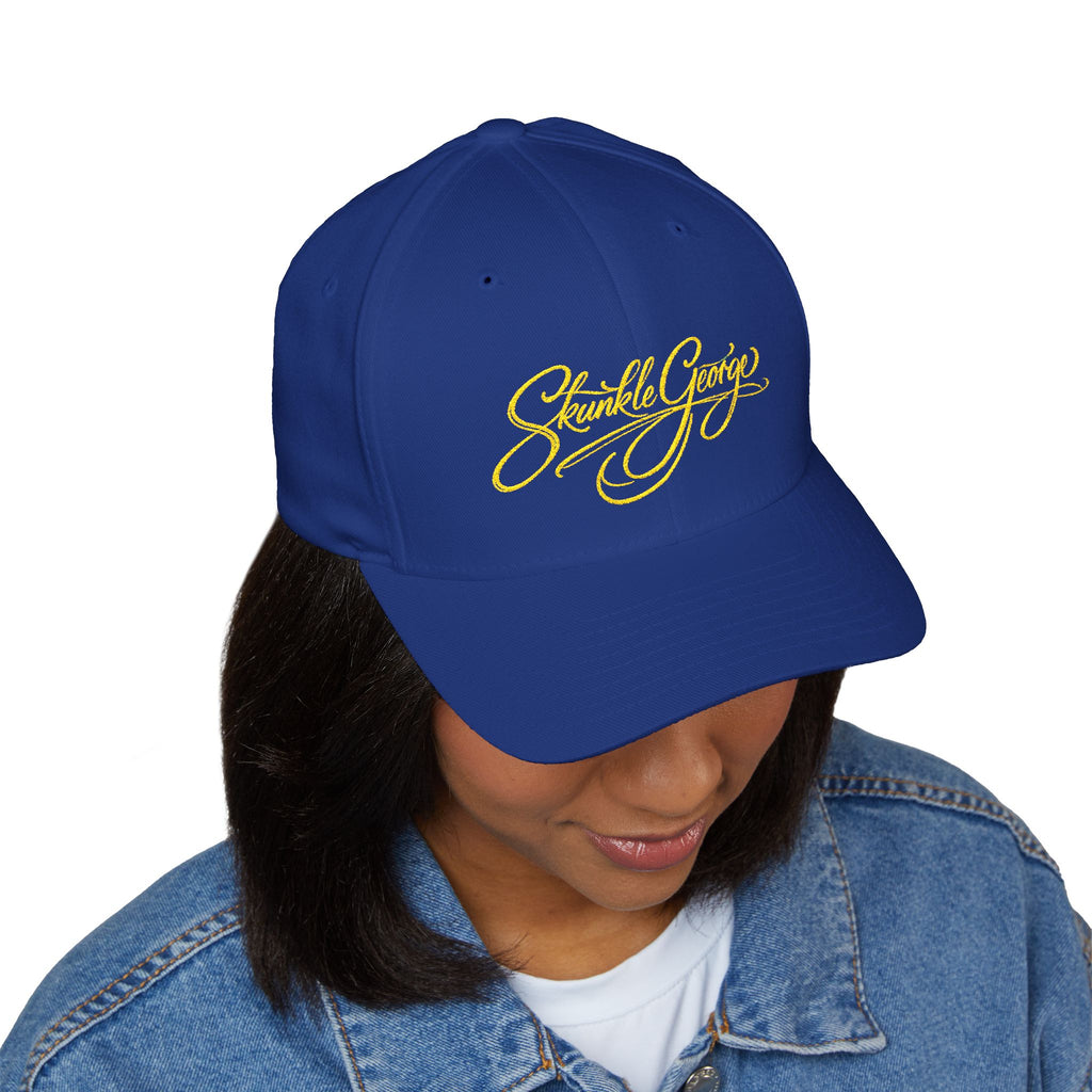 Embroidered "Skunkle George" Script Cap — Black Structured Baseball Hat