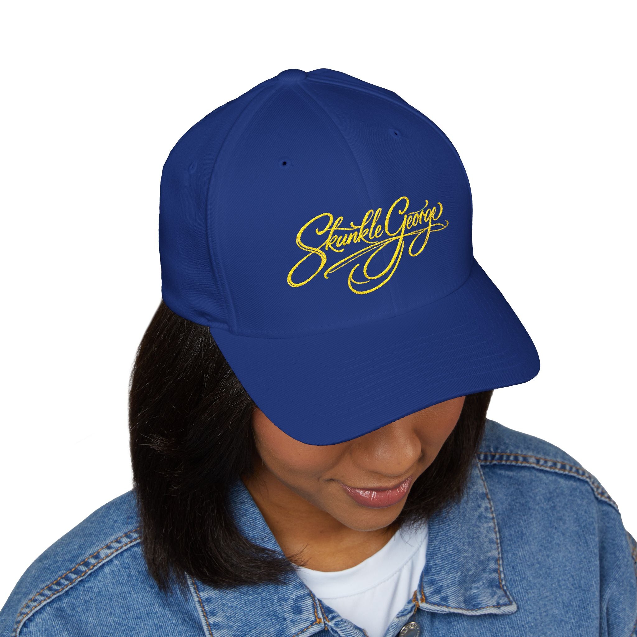 Embroidered "Skunkle George" Script Cap — Black Structured Baseball Hat