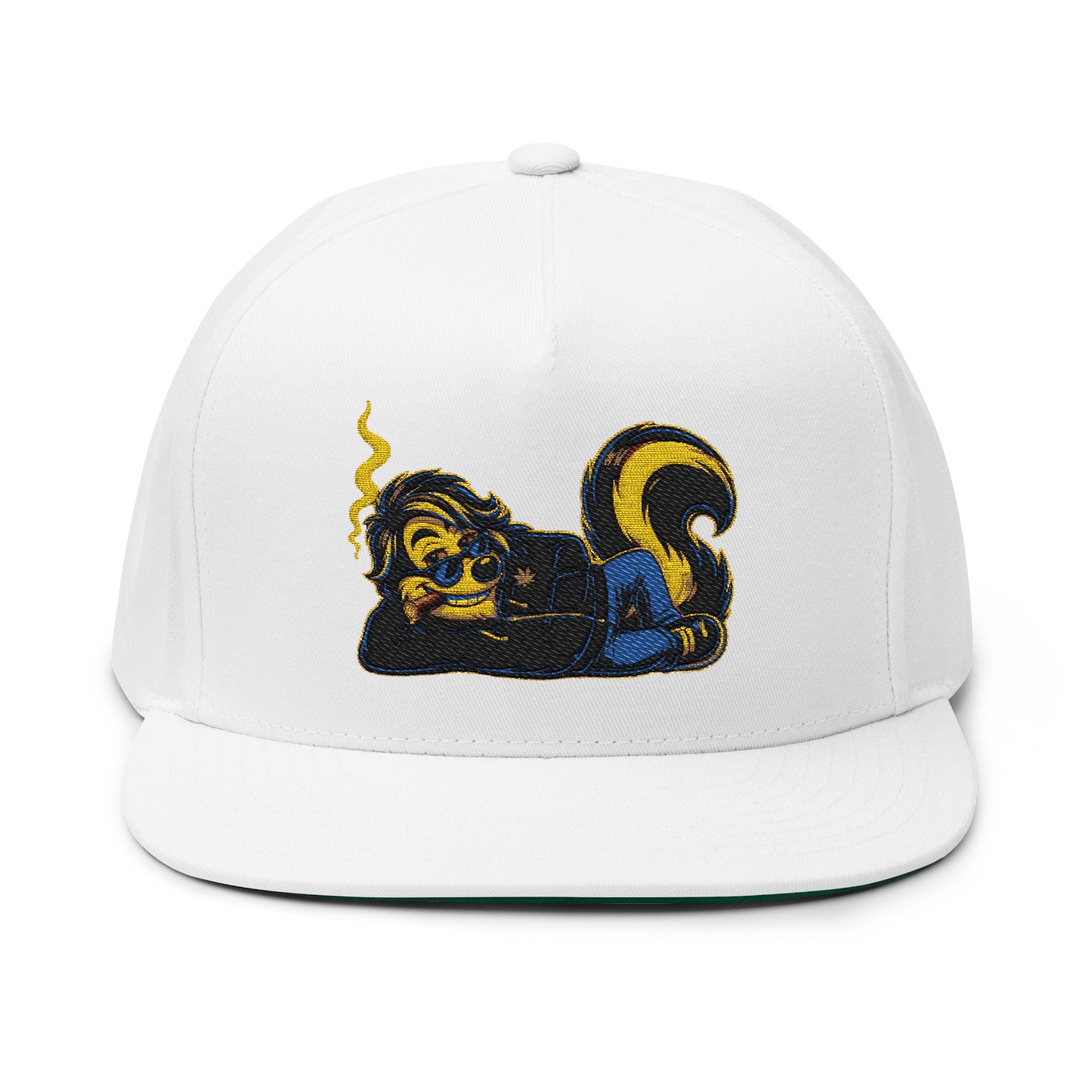 Embroidered Stoner Skunk Flat Bill Cap — Retro Smoking Skunk Snapback Hat