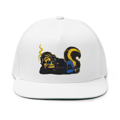 Embroidered Stoner Skunk Flat Bill Cap — Retro Smoking Skunk Snapback Hat
