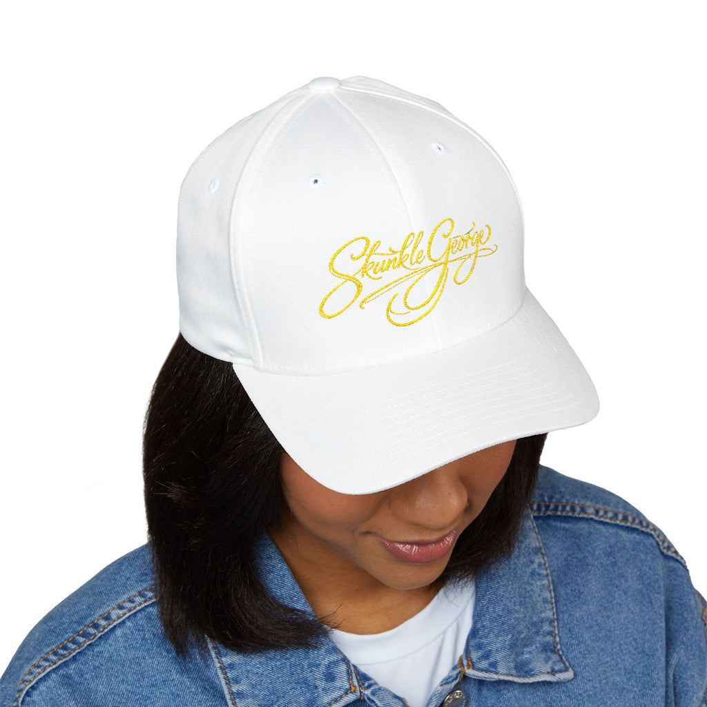 Embroidered "Skunkle George" Script Cap — Black Structured Baseball Hat