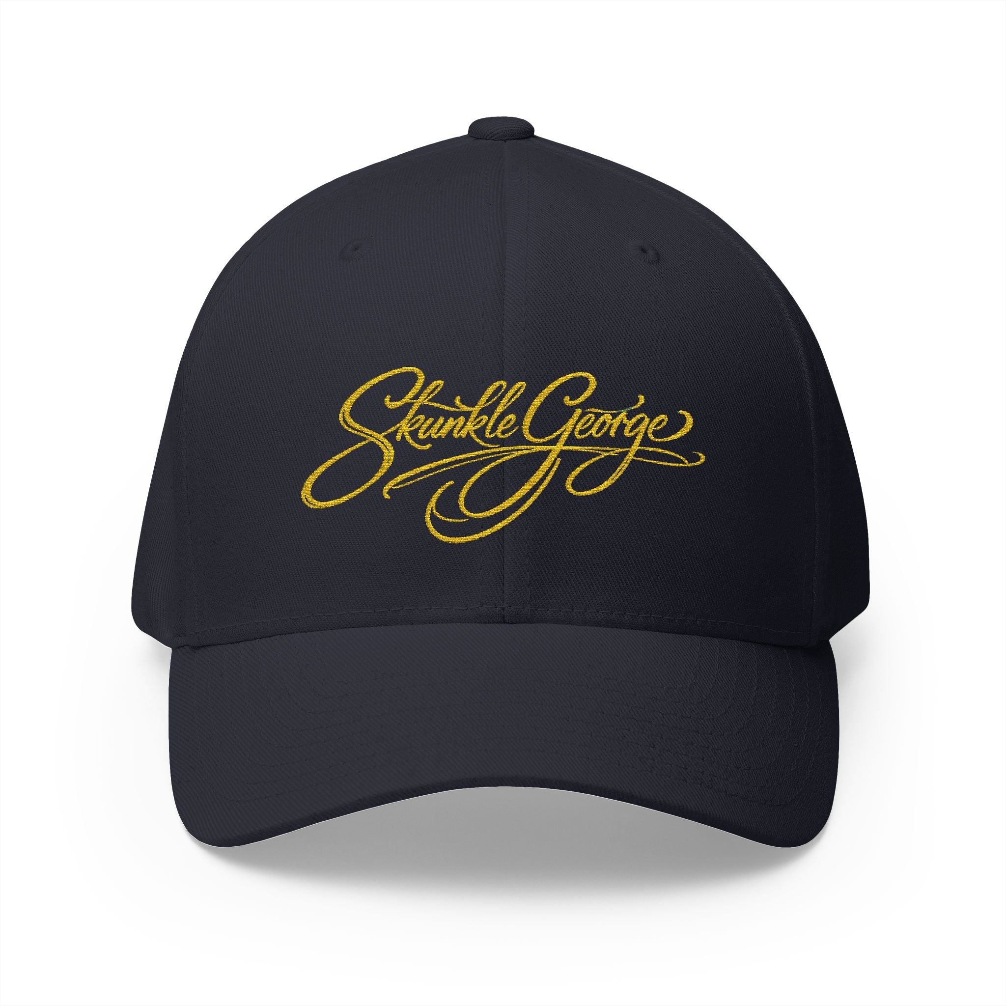 Embroidered "Skunkle George" Script Cap — Black Structured Baseball Hat