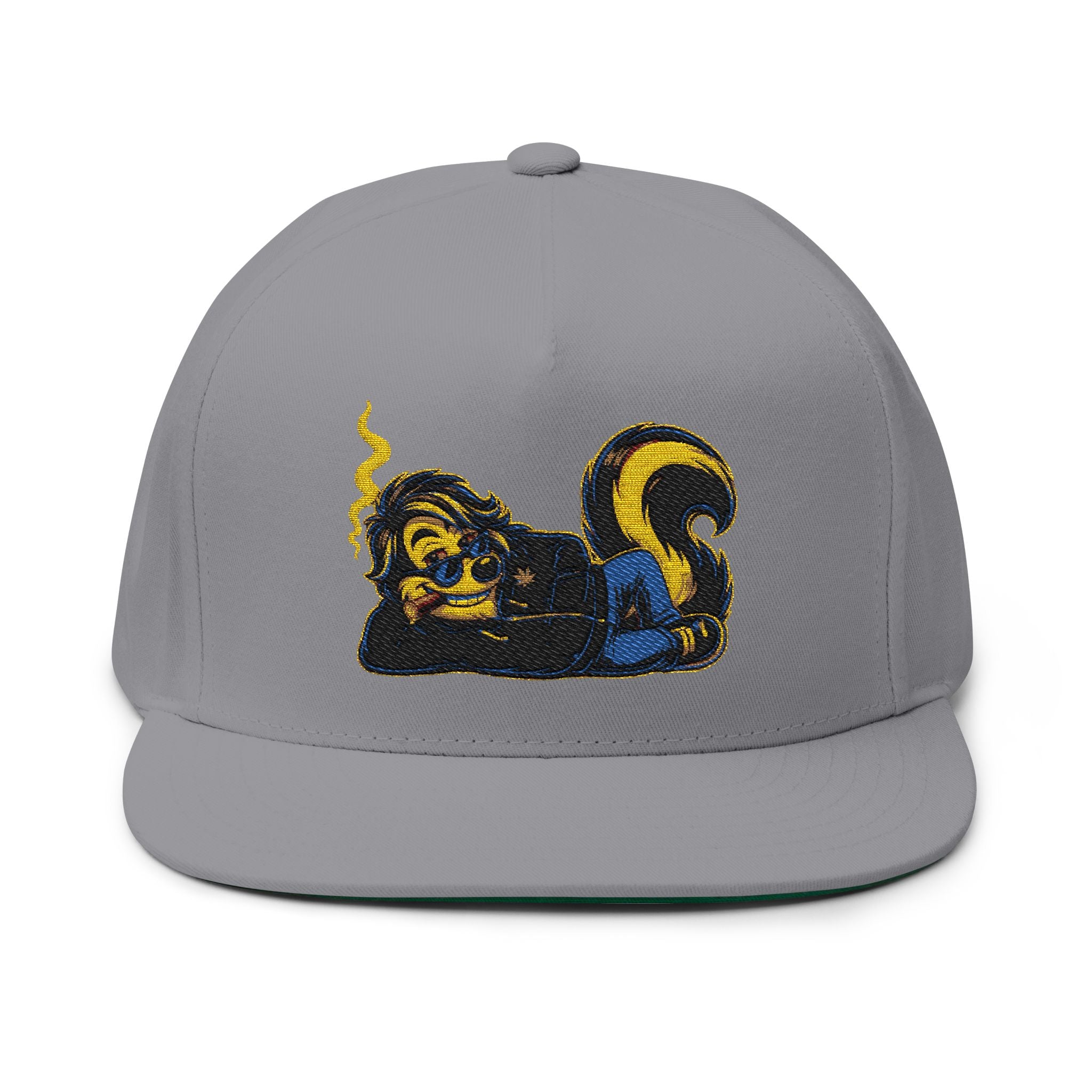 Embroidered Stoner Skunk Flat Bill Cap — Retro Smoking Skunk Snapback Hat
