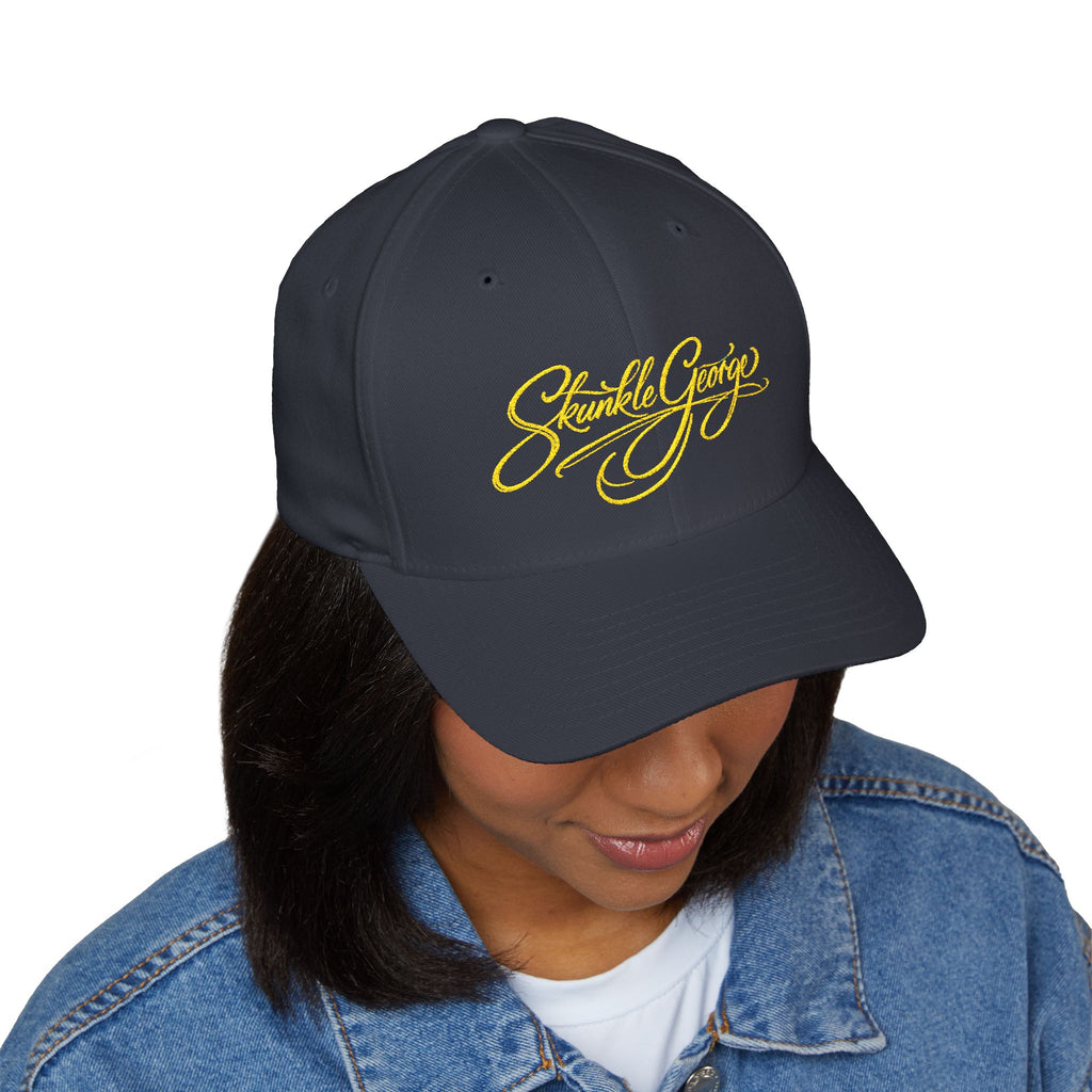 Embroidered "Skunkle George" Script Cap — Black Structured Baseball Hat