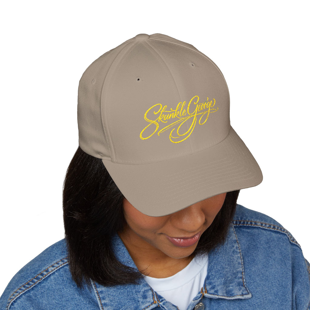 Embroidered "Skunkle George" Script Cap — Black Structured Baseball Hat