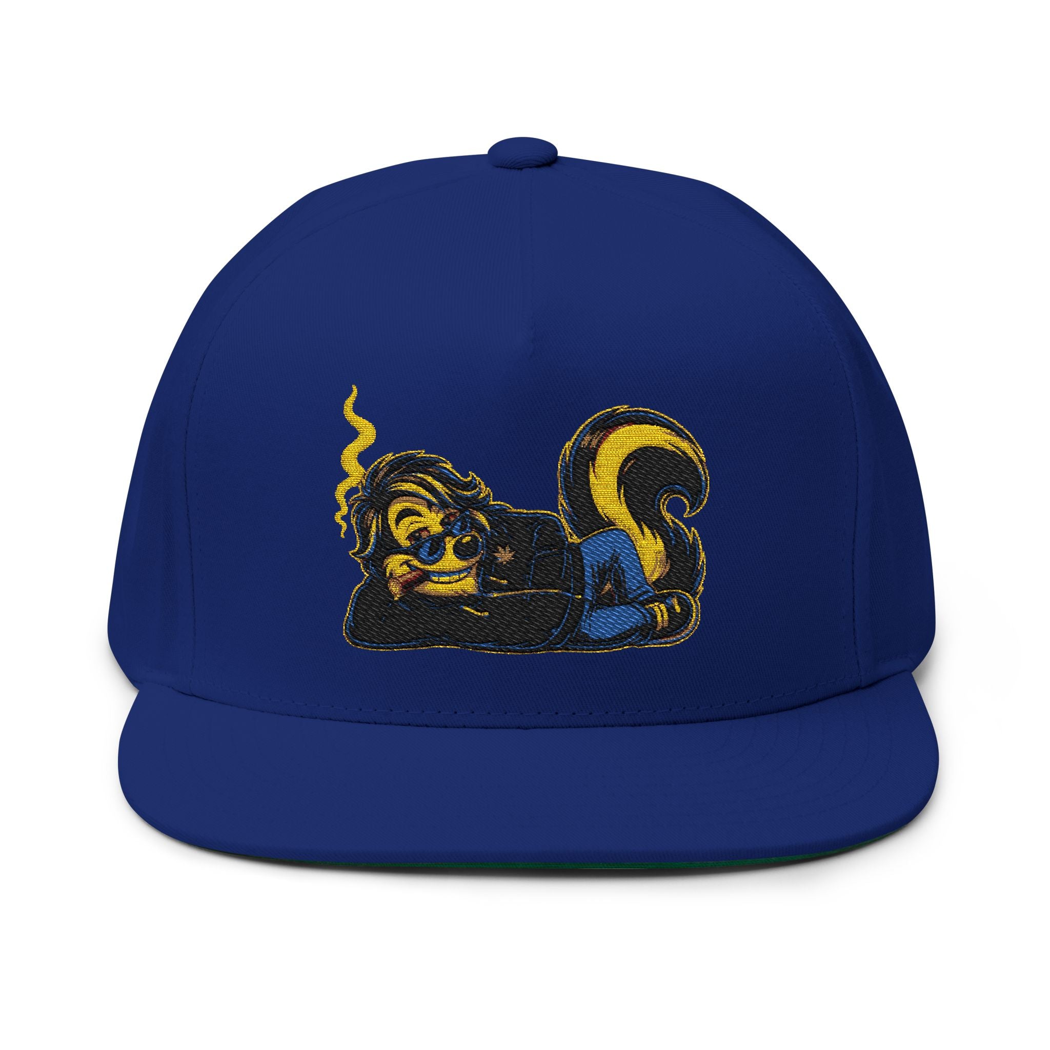 Embroidered Stoner Skunk Flat Bill Cap — Retro Smoking Skunk Snapback Hat