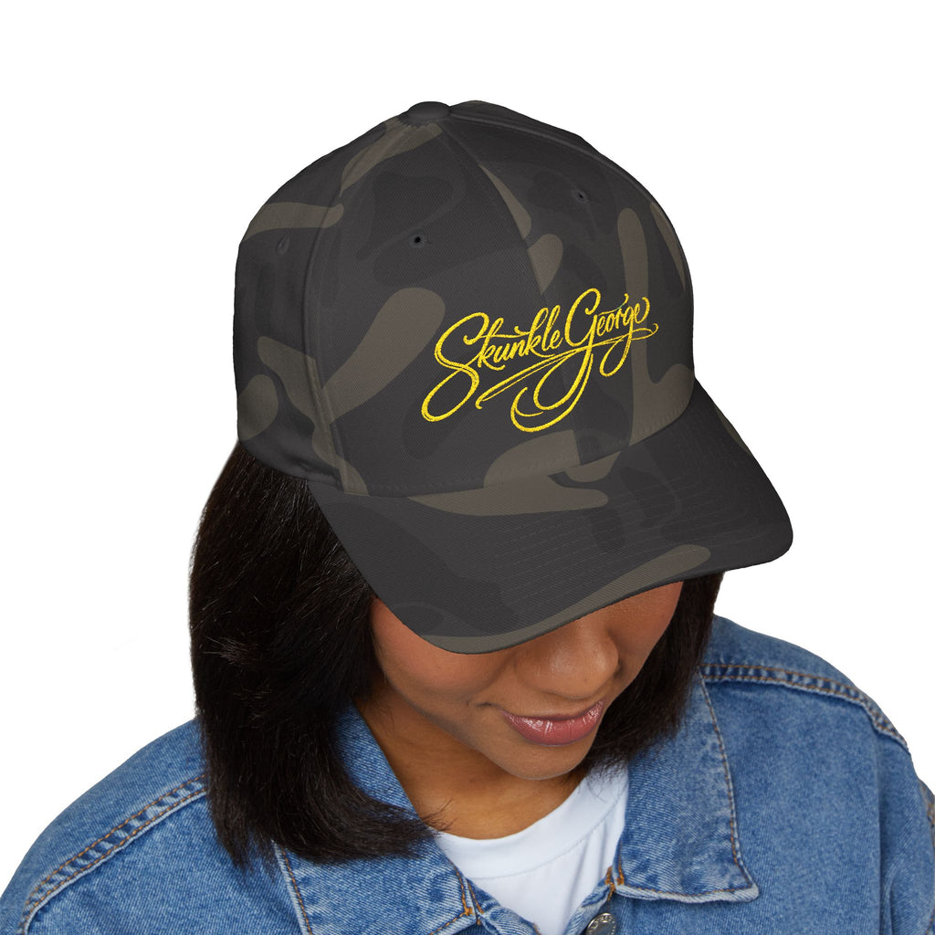 Embroidered "Skunkle George" Script Cap — Black Structured Baseball Hat
