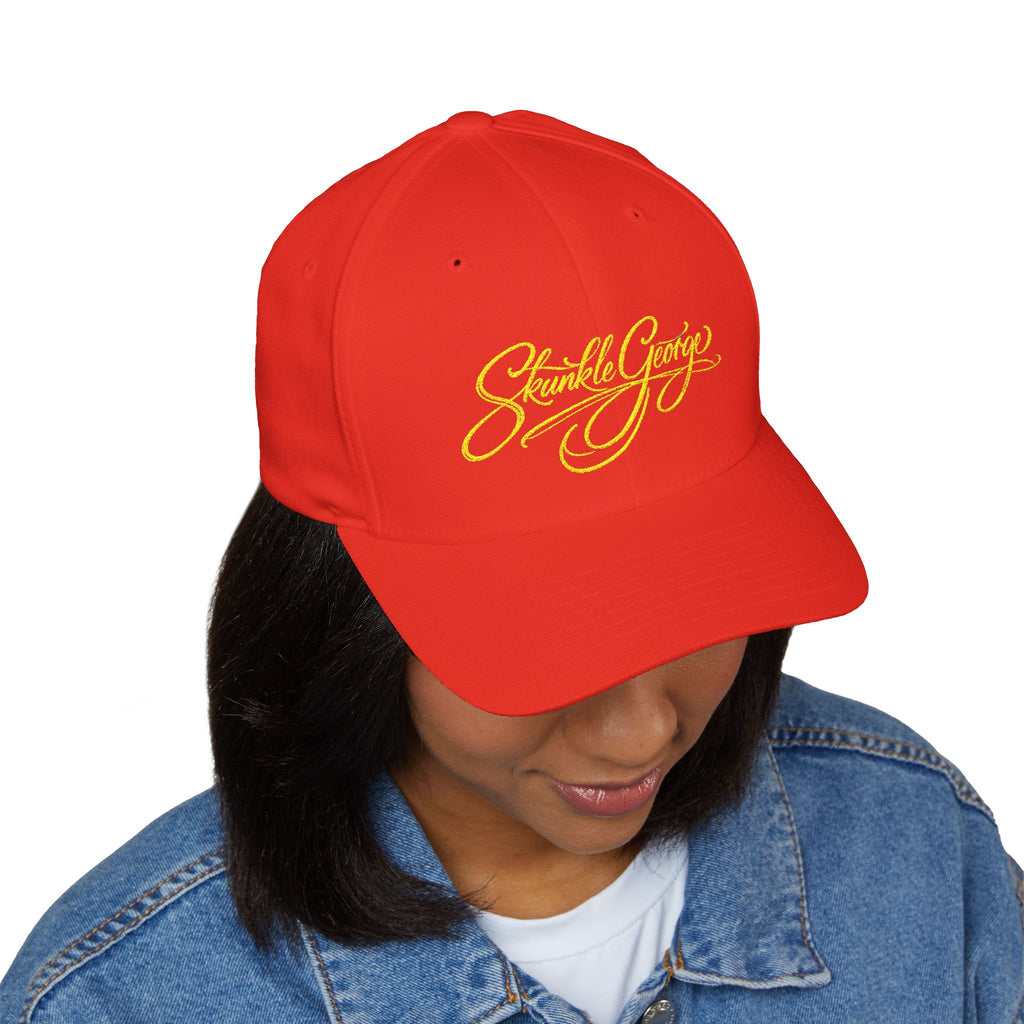 Embroidered "Skunkle George" Script Cap — Black Structured Baseball Hat