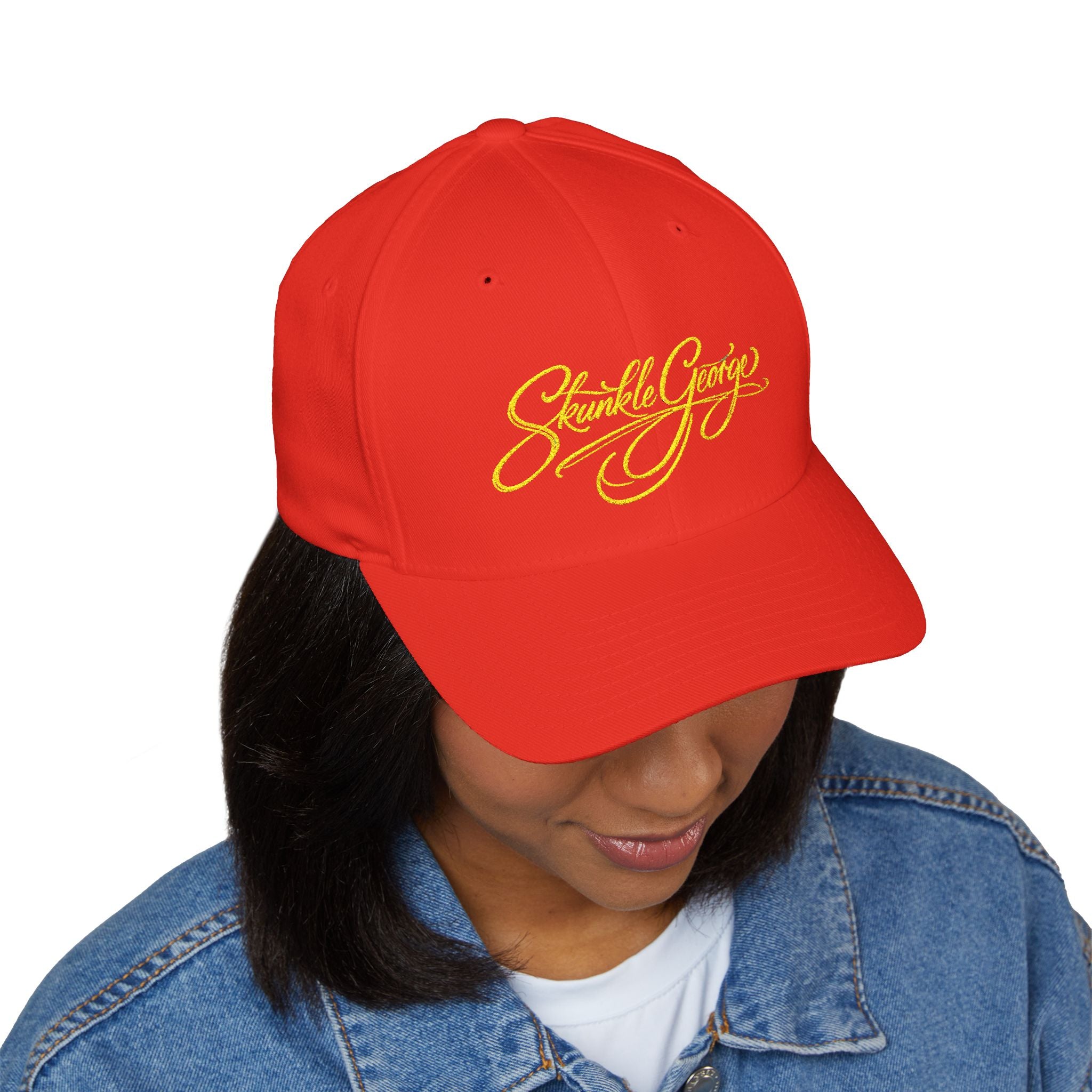 Embroidered "Skunkle George" Script Cap — Black Structured Baseball Hat