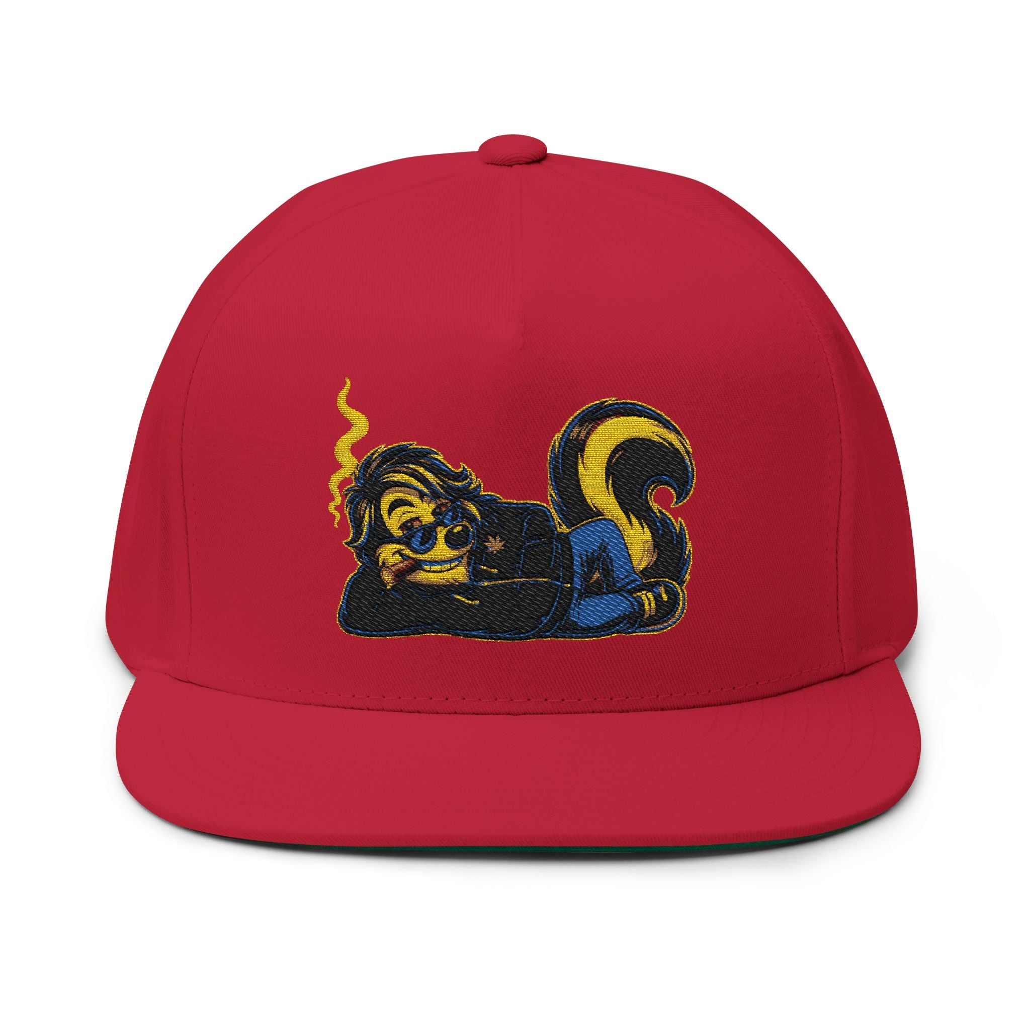 Embroidered Stoner Skunk Flat Bill Cap — Retro Smoking Skunk Snapback Hat