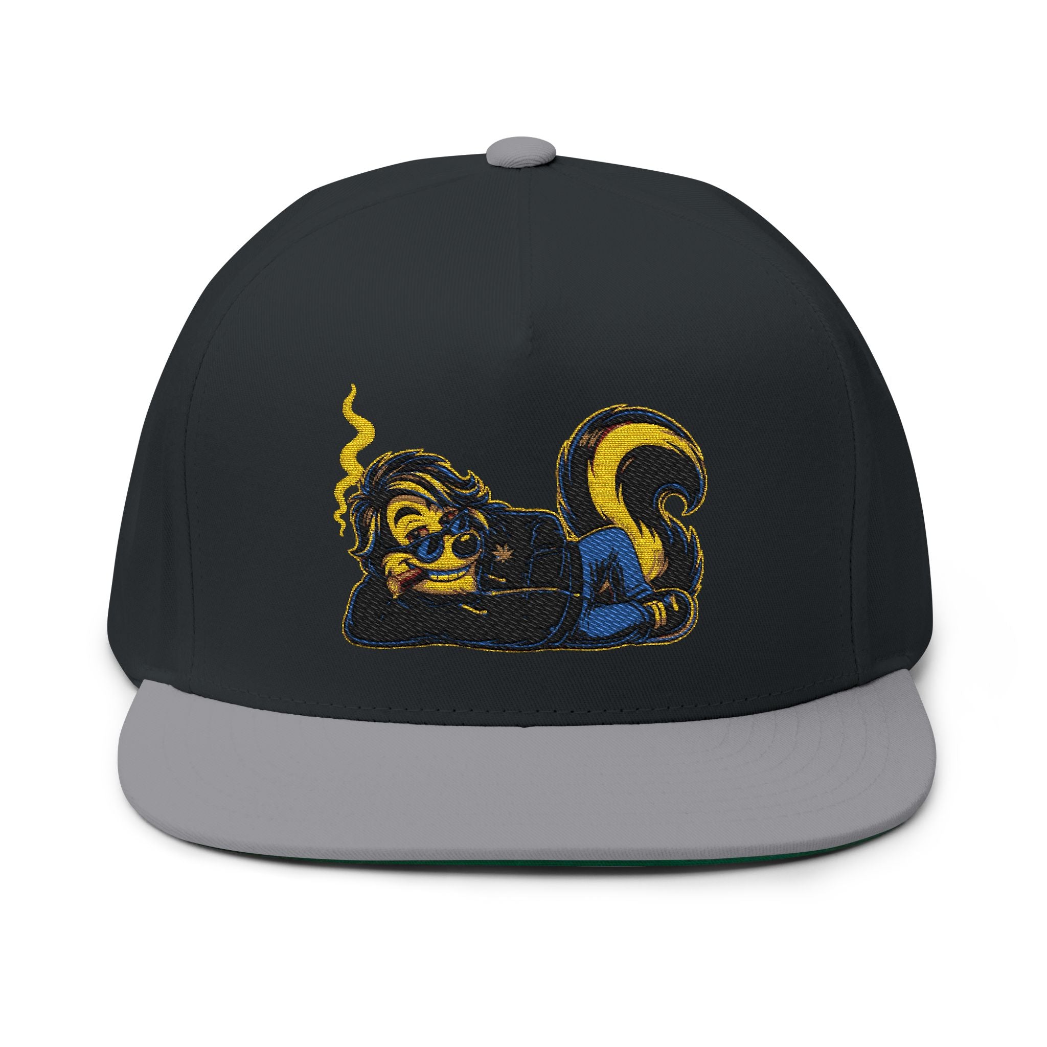 Embroidered Stoner Skunk Flat Bill Cap — Retro Smoking Skunk Snapback Hat