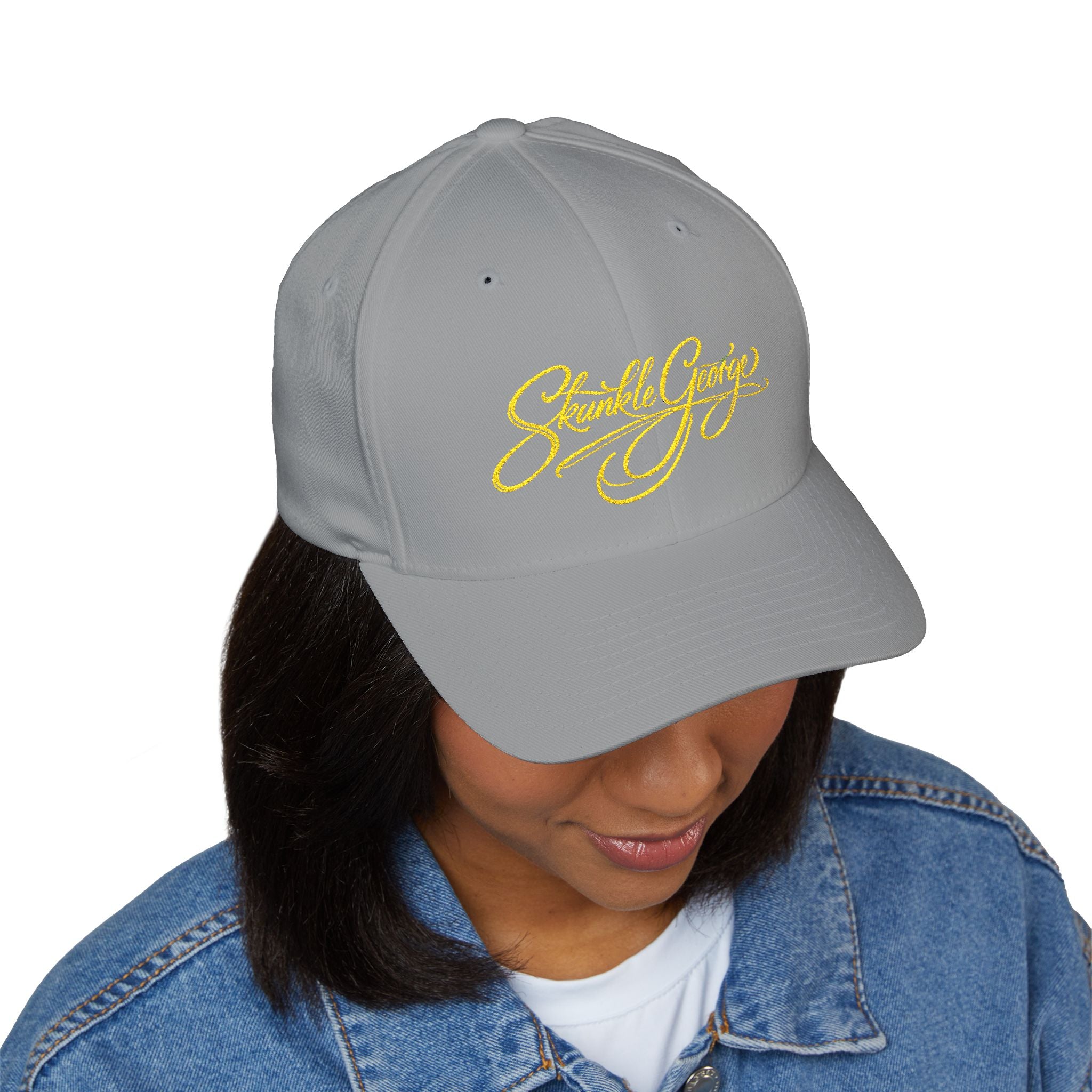 Embroidered "Skunkle George" Script Cap — Black Structured Baseball Hat